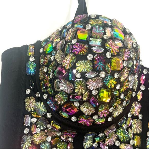 AB Rhinestone Encrusted Corset Bra Bustier Crop Top EDC RAVE FUN FESTIVAL FLIRTY - Picture 2 of 10